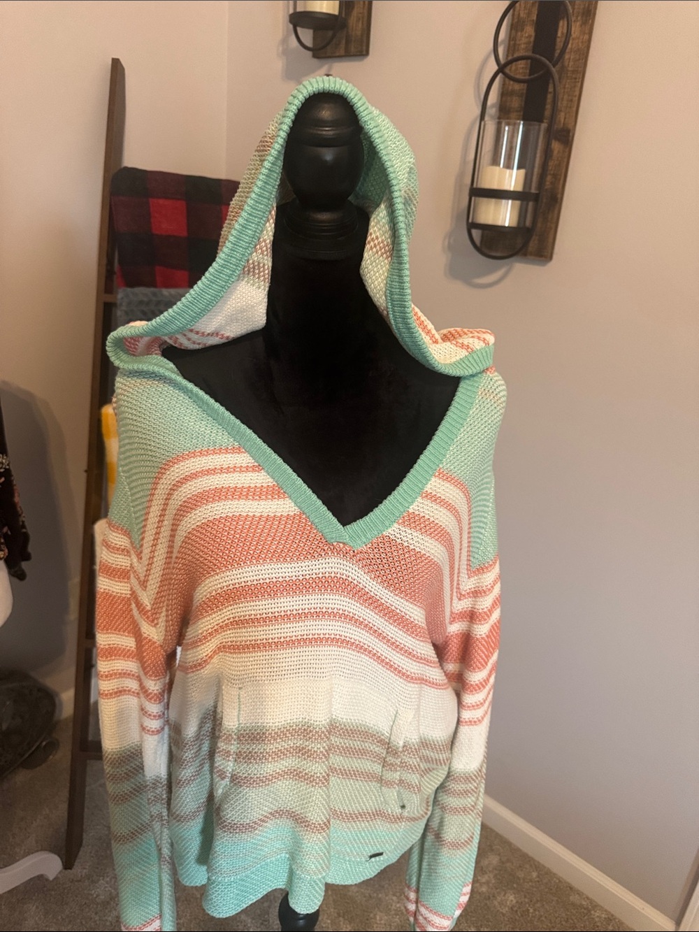 O'Neill Striped V-Neck Hooded Sweater - Mint, Coral & Cream